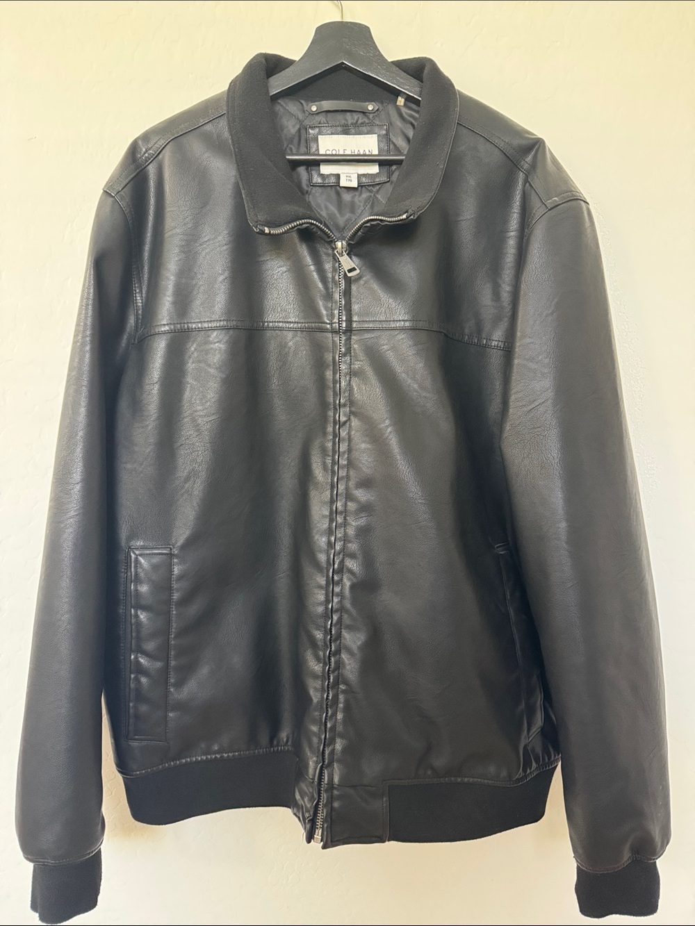 Cole Haan Black Faux Leather Bomber Jacket with Ribbed Trim